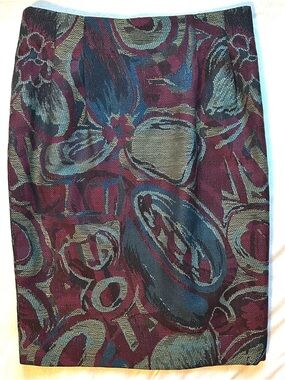 Michii Moon for Sanyo Abstract Print Wool Pencil Skirt 14 maroon blue tapestry